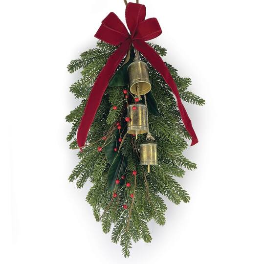 Melrose 32" Green Fresh Touch Pine, Berry with Bells & Bow Swag